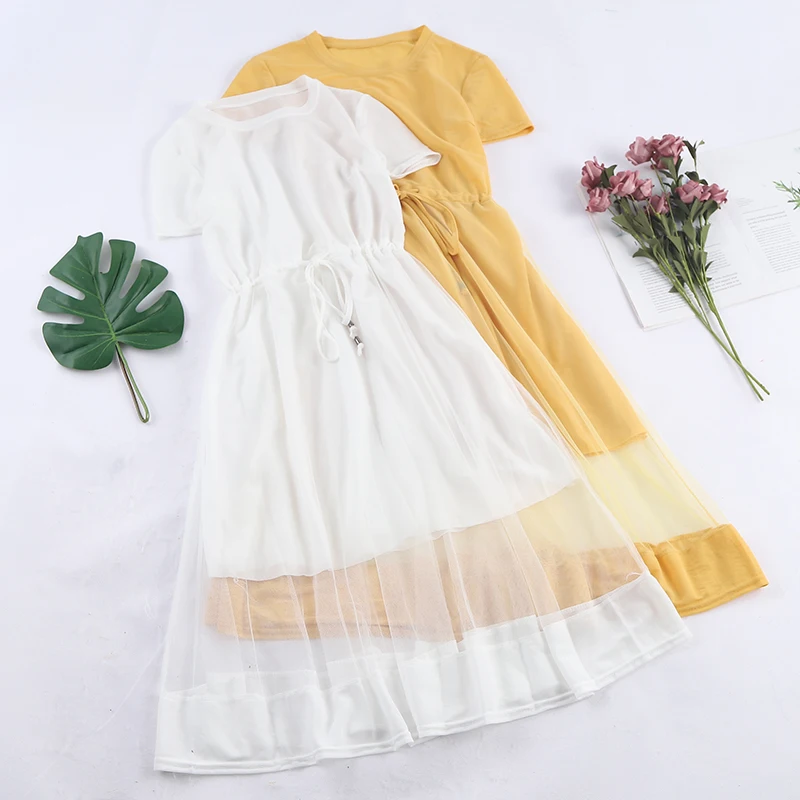 

Women Summer O-Neck Short Sleeve Patchwork Tulle Mesh Gauze Voile Dress Vintage Bandage Strap Elastic Slim Pullover Midi Dress