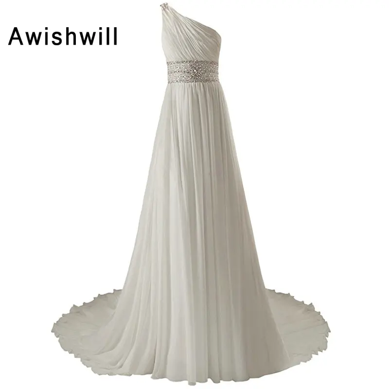 תמונה אמיתית כתף אחת Vestidos De Novia משפט רכבת שרוכים חזור Beadings שיפון Robe דה Mariee חתונה כלה שמלת החוף