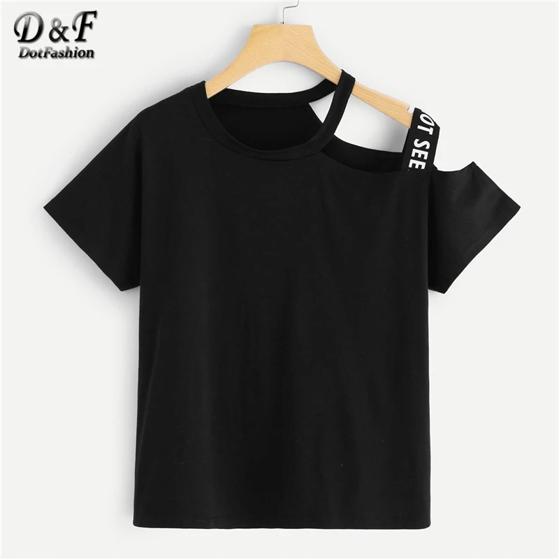 Dotfashion Plus Size Black Asymmetric Neck Letter Tape Tee Women 2019 Summer Casual Short Sleeve Tops Ladies Fashion T-Shirt photo