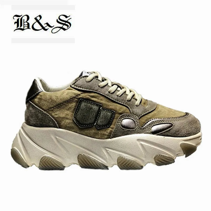 

Black& Street 2019 New summer army green suede leather+ canvas lace up trainer shoes new designer thick sole women boots