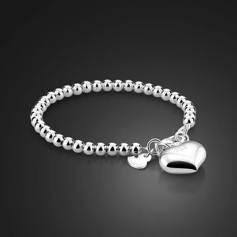 

High quality simple 4MM/6MM ball bead bracelet. Solid 925 silver heart-shaped jewelry. Fashion women's silver 15cm/20cm chain