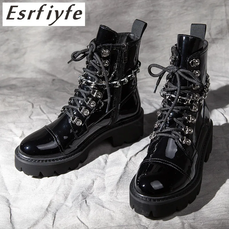 ESRFIYFE/2019 г. Новые ботильоны из лакированной кожи на платформе женские Ботинки