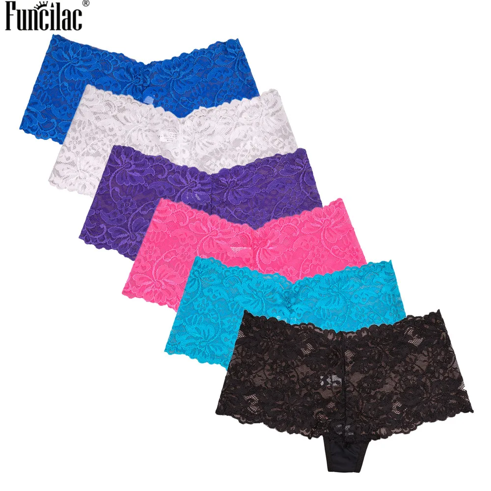 

FUNCILAC Underwear Women Full Lace Panties See through Comfortable Shorts Female Intimates Summer Thin Boxers Boyshorts 6pcs/lot