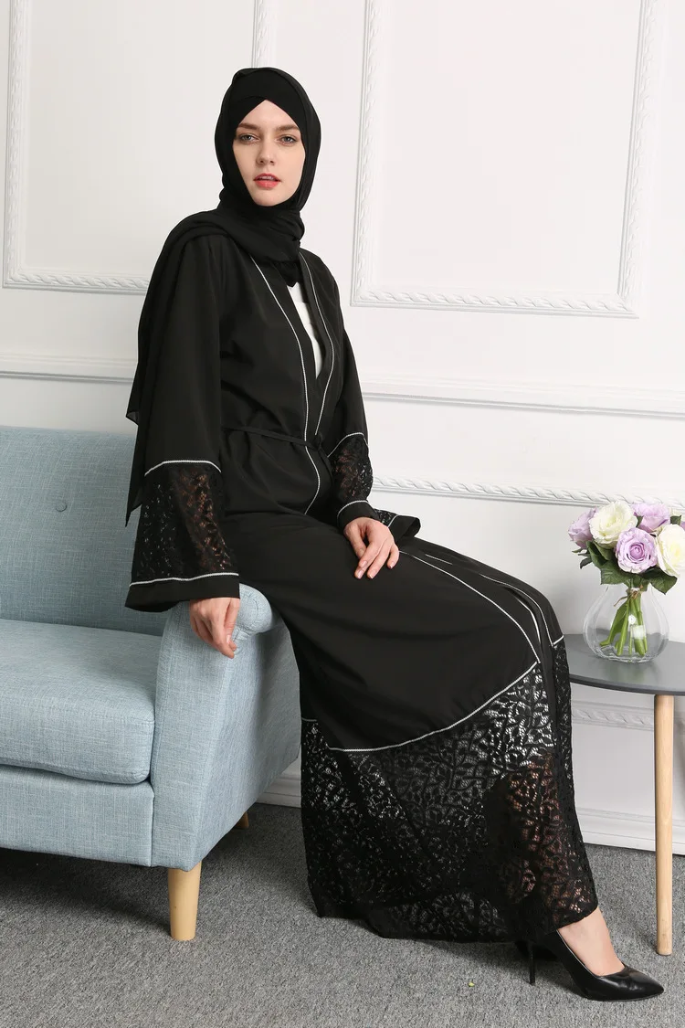 Мусульманское платье Черное Кружевное одежда женщин мусульманских стран Бангладеш турецкий хиджаб платье исламский Рамадан исламское
