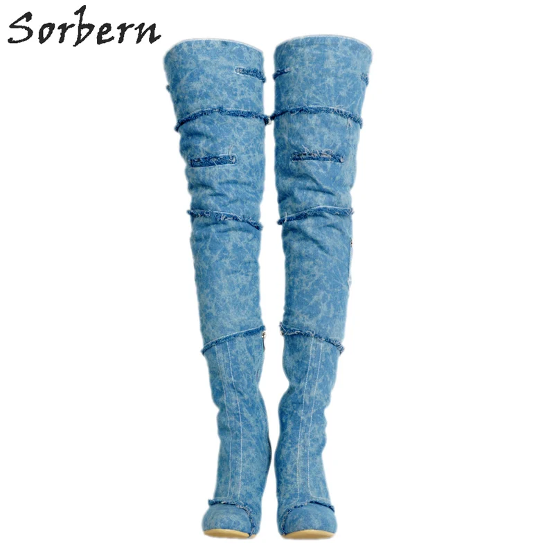 Sorbern Blue Denim Thigh High Boots For Women Plus Size Shoes High Heels Pocket Woman Shoes Luxury Brand Womens Shoes Size 10