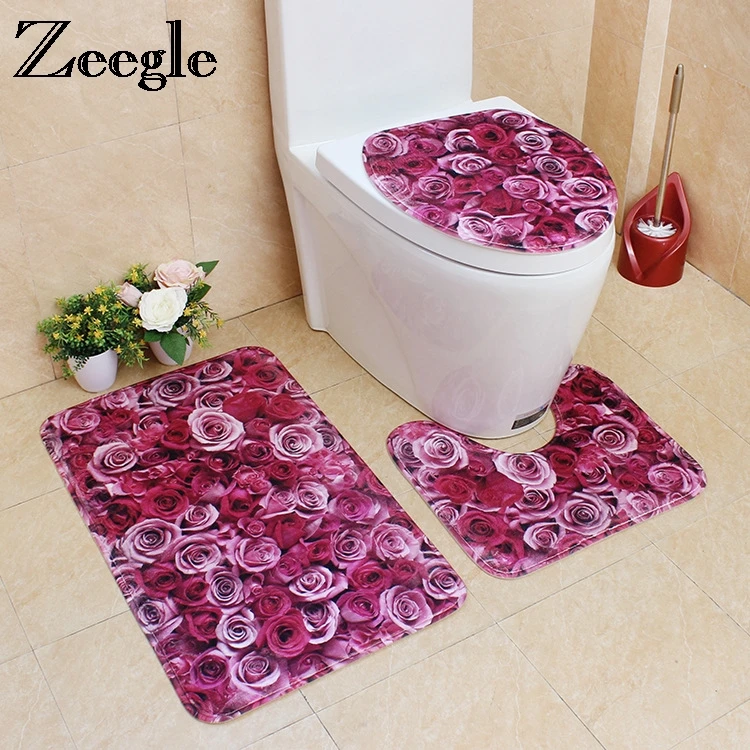 

Zeegle 3Pcs Carpet Bathroom 3D Flower Pattern Bath Mat Absorbent Mats Bathroom Bath Rugs Non-slip Toilet Mat Bathroom Rug Set