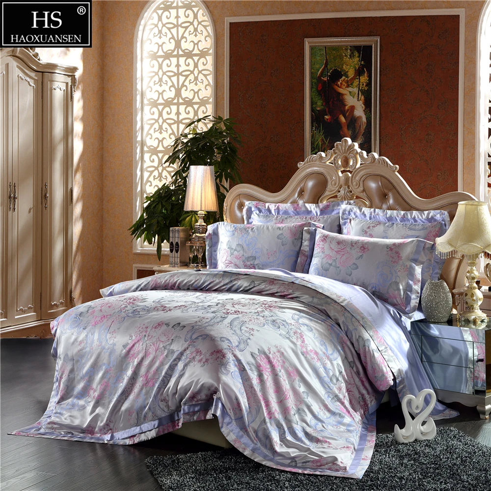 HS الفاخرة 4 قطع الفراش مجموعات 100% 28 Momme النقي طويلة مجدولة التوت الحرير الجاكار الحرير الأوروبية نمط الملك حجم طاقم غرفة نوم