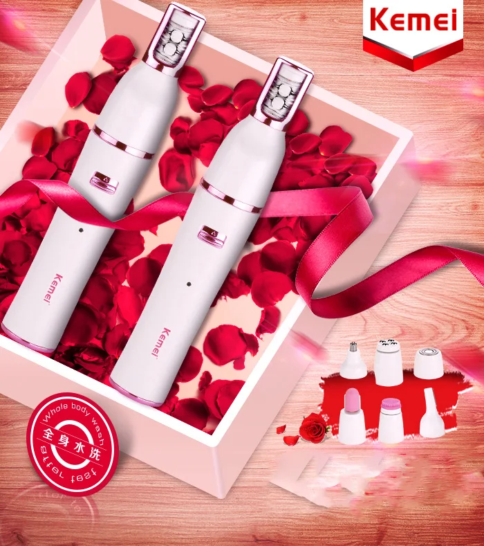 Máquina de Barbear Kemei Molhado Seco Feminino Barbeador Depilador Senhora Depilação Sobrancelha Nariz Trimmer Bikini Perna Axilas 7 In1 2 Kemei 7 in1 molhado seco feminino barbeador depilador máquina de barbear senhora depilação sobrancelha nariz trimmer