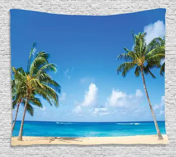 

Hawaiian Decorations Collection Exotic Island with Tropical Trees Calm Beachy Theme Ocean Photography Print RoomTapestry