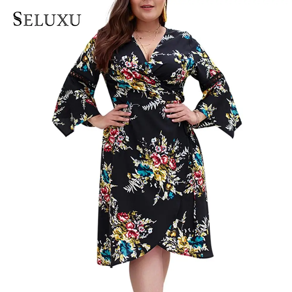 

Seluxu Plus Size Dresses Summer Women 2019 Long Sleeve Boho Floral Print Sexy Ladies Midi Dress
