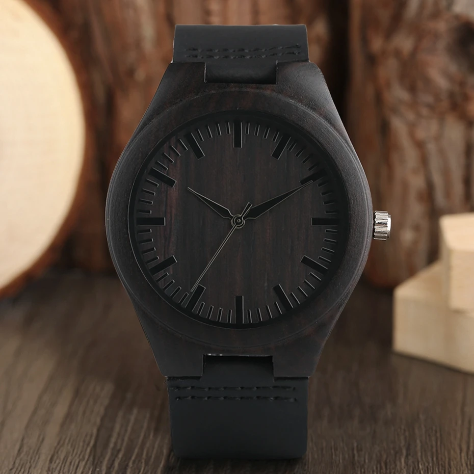 Уникальные полностью черные мужские часы из черного дерева, роскошные подарки, светильник, бамбуковые Аналоговые кварцевые наручные часы с натуральной кожей, Reloj de madera
