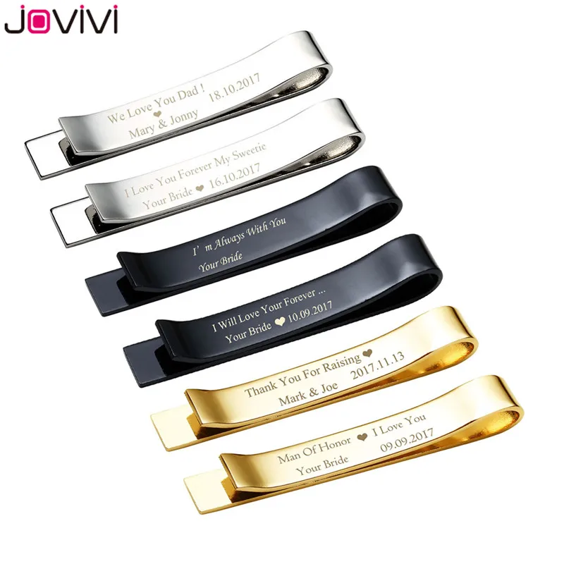 

JOVIVI Personalized Mens Stainless Steel Regular Tie Bar Clip Special Message on Back Great Gift for Wedding Father's Day Gift