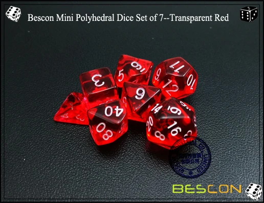 Bescon мини полупрозрачные многогранные RPG игральные кости набор 10 мм, маленький RPG ролевые игры игральные кости набор D4-D20 в трубе, прозрачный красный