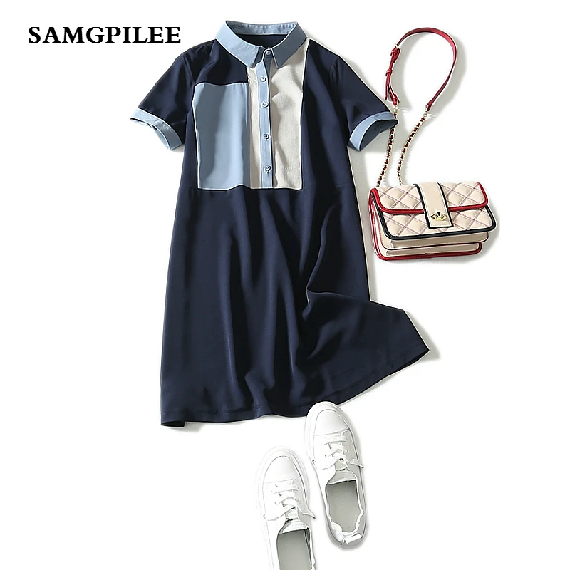 

2019 New Samgpilee Casual A-line Solid Short sleeve Appliques Knee-length fashion Natural Turn-down Collar Summer women dress