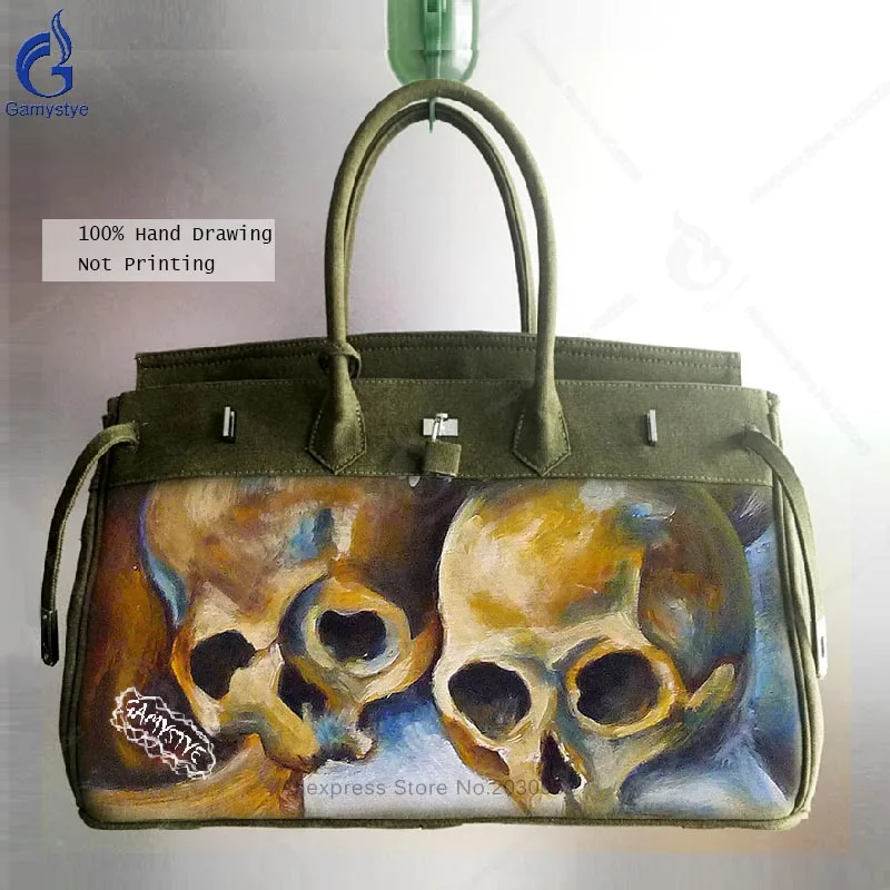 

Gamystye Brand Vintage Men Messenger Bags Fashion Male Shoulder Bag Canvas With Lock Designer Crossbody Bags Hand Painted Skulls