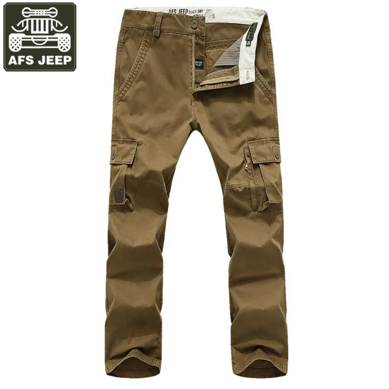 AFS JEEP Brand Mens Pant 100 Cotton Cargo Pants Men Solid Mid waist