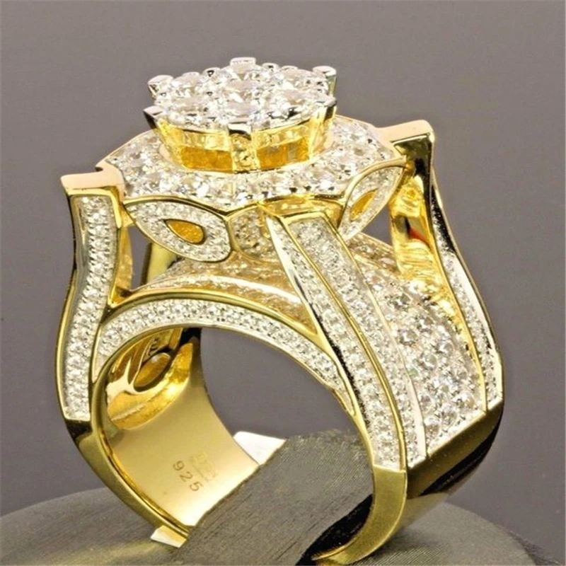 Luxury Yellow Gold Filled White Stone Rings For Men's Wedding Jewelry ...