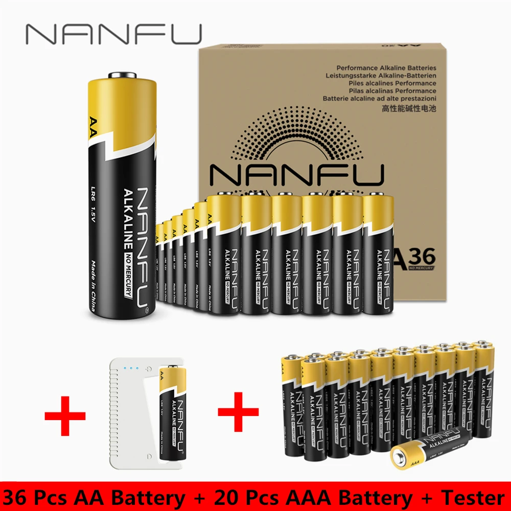 

NANFU 56 Pieces Alkaline Battery (36 Pcs AA Batteries + 20 Pcs AAA Batteries) with Battery Tester 2100mAh 950mAh 1.5V 2A 3A Set