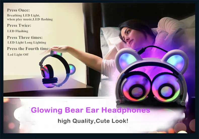 Askmeer популярные светящиеся наушники с медвежьими ушками, складные мигающие светодиодный наушники, светящиеся наушники для мобильного телефона и ноутбука