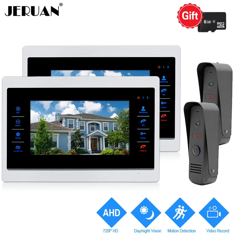 

JERUAN 720P AHD HD Motion Detection 10`` LCD Video Doorbell Door Phone Intercom System 2 Record Monitor +2 HD IR Mini Camera 2V2