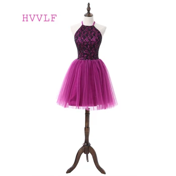 

Purple Homecoming Dresses A-line Halter Short Mini Tulle Lace Beaded Elegant Cocktail Dresses