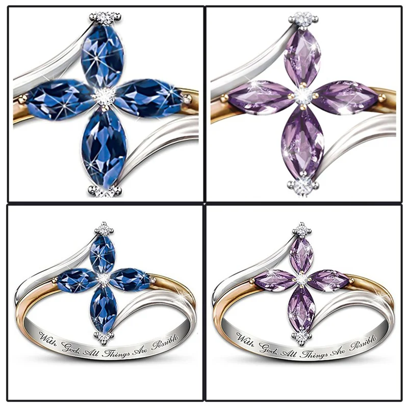 Женские синие фиолетовые кольца с большим камнем, цветы, крест, циркон, серебряное кольцо, обручальные ювелирные изделия, подарки для девушки