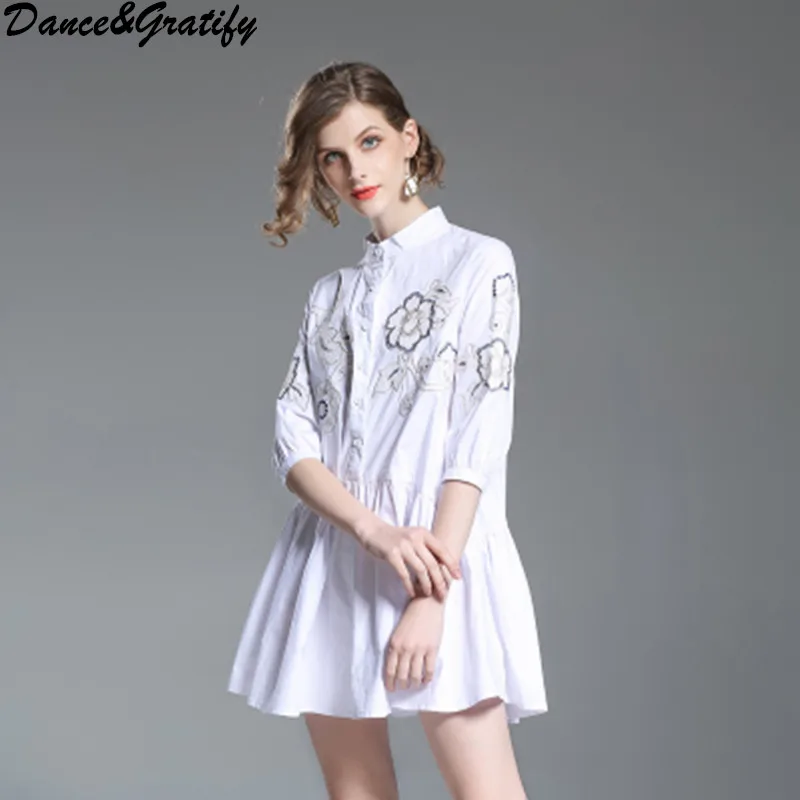 

cotton embroidery shirt dress new 2018 spring white brand runway office lady fashion street style women casual loose dress