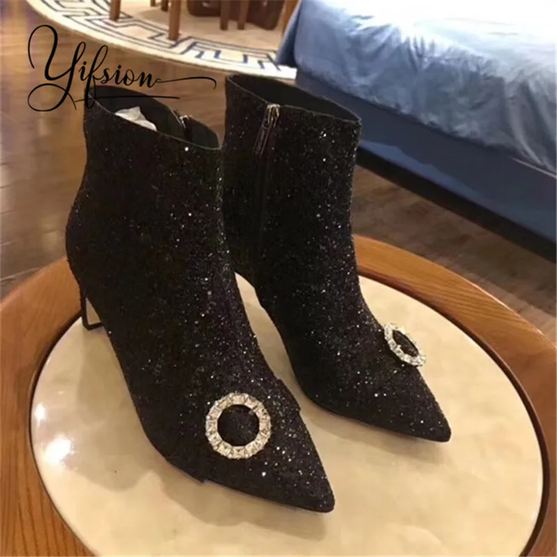 

OLOME Black Gold Genuine Leather Women Boots Pointed Toe Crystal Side Zip Chunky Low Heel Women Autumn Ankle Boots Shoes Woman