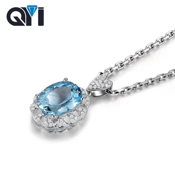 

QYI 925 Sterling Silver Topaz Pendants Necklaces 3 ct Oval cut Natural sky Blue Topaz Gemstone Pendants For Women Wedding gift
