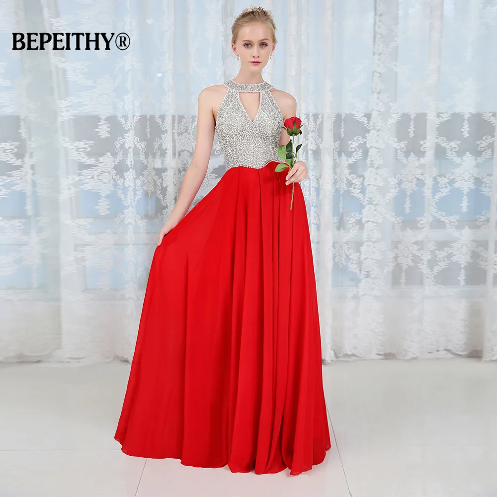 

Elegant Halter Crystal Bodice A Line Long Slim Evening Dress Beadings Red Party Dresses Vestido De Festa New Prom Gowns