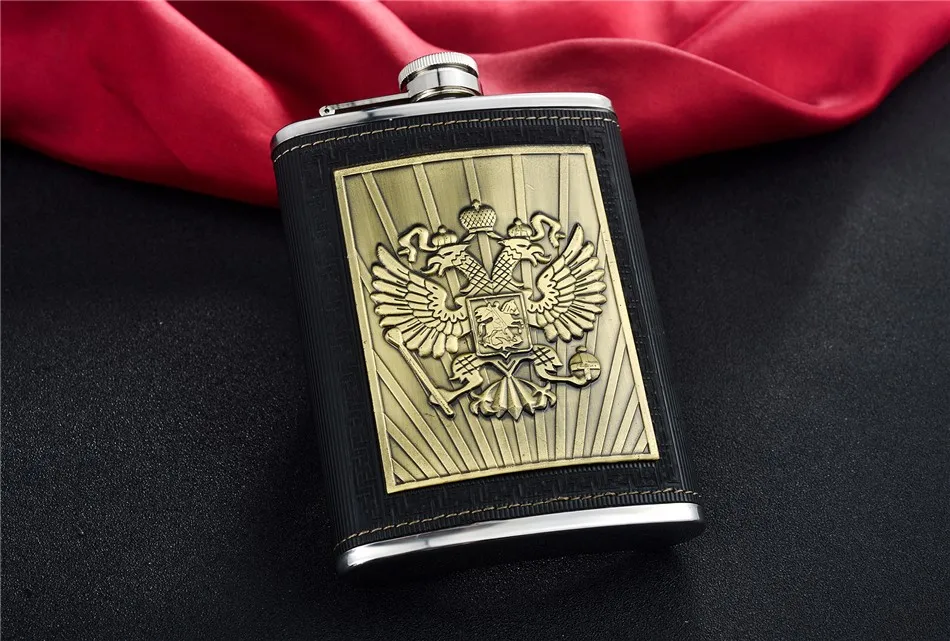 Русская эмблема виски черная кожа 8 унций из нержавеющей стали фляга портативный фляги для напитков подарок