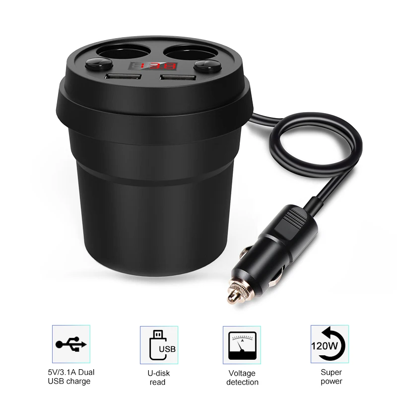 

Cup Car Charger Multi-function Display Voltage 3.1A 2 USB Car charger DC12-24V Cigarette Lighter Splitter For GPS DVR Charge