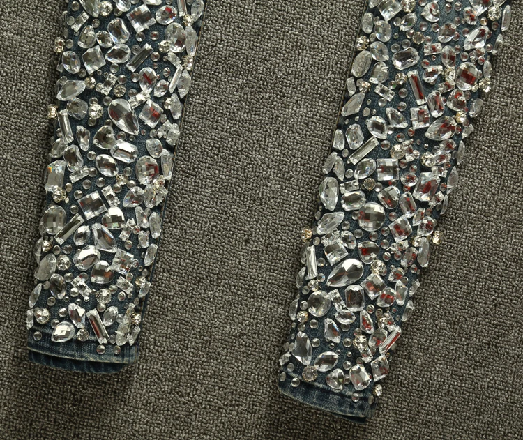 Сексуальные джинсы-скинни с завышенной талией, узкие стрейч брюки, Роскошные Алмазные ручная вышивка стразами, черные эластичные голубые джинсы со стразами, брюки, размер 40