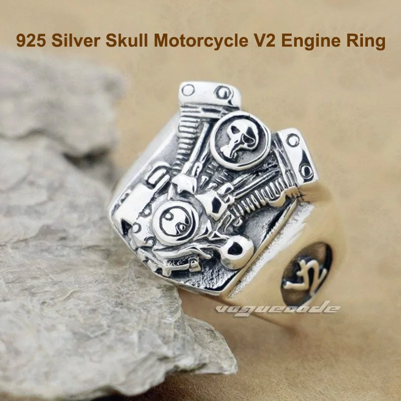 

Punk Fashion Locomotive Engine Ring Solid 925 Sterling Silver Cool Men's Knight Skull Motorcycle V2 Engine Ring 8Y009
