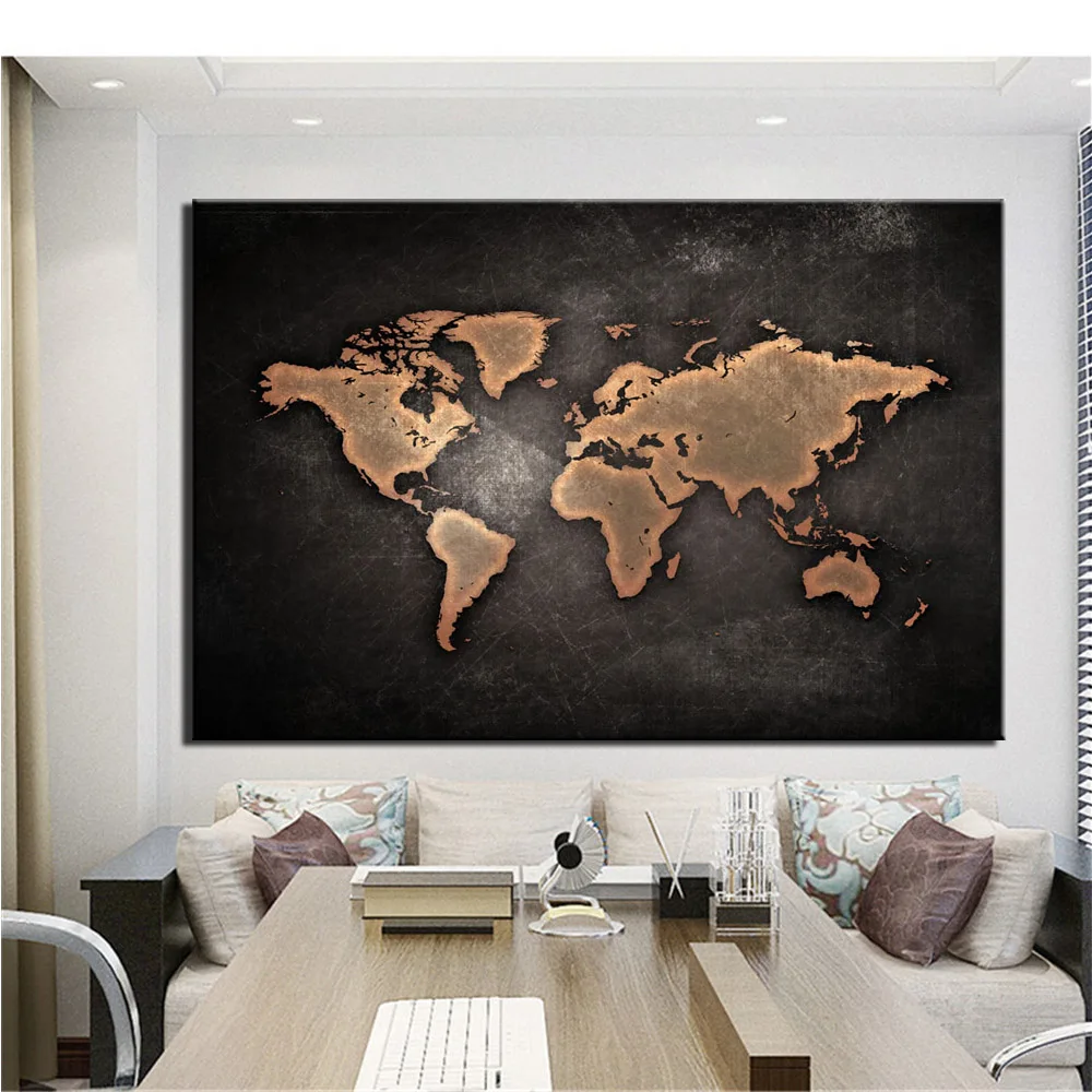 Kaufen Riesige Schwarz Weltkarte Gemälde Druck Auf Leinwand HD Abstrakte Welt Karte Leinwand Malerei Büro Wand Art Home Decor Wand bilder
