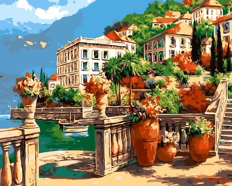 

Frameless diy oil paintings by numbers Mediterranean garden home decorative pictures unique craft paint by numbers 40*50cm