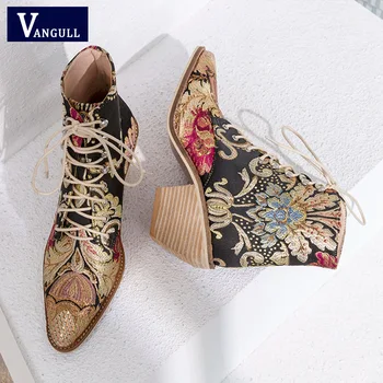 

2018 New Women Luxury Silk Boots Martin Ankle Boots New Autumn Winter Embroider Womens Motorcycle Boots Lace Up Shoes Woman
