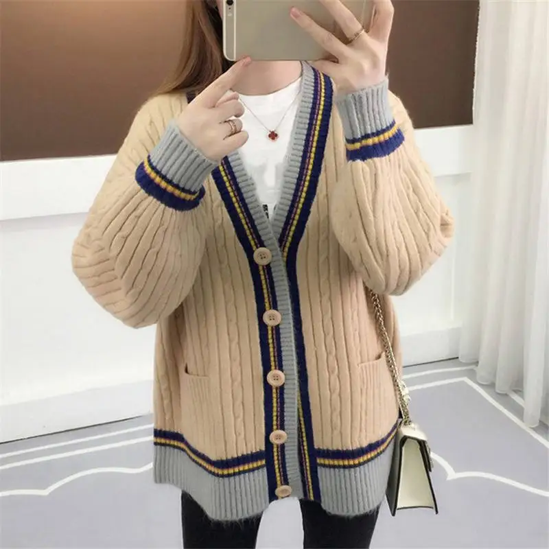 Neploe женский свитер кардиган контрастного цвета вязаное пальто с длинным рукавом v-образным вырезом куртка корейский Повседневный Кардиган размера плюс 36412 - Цвет: khaki cardigan