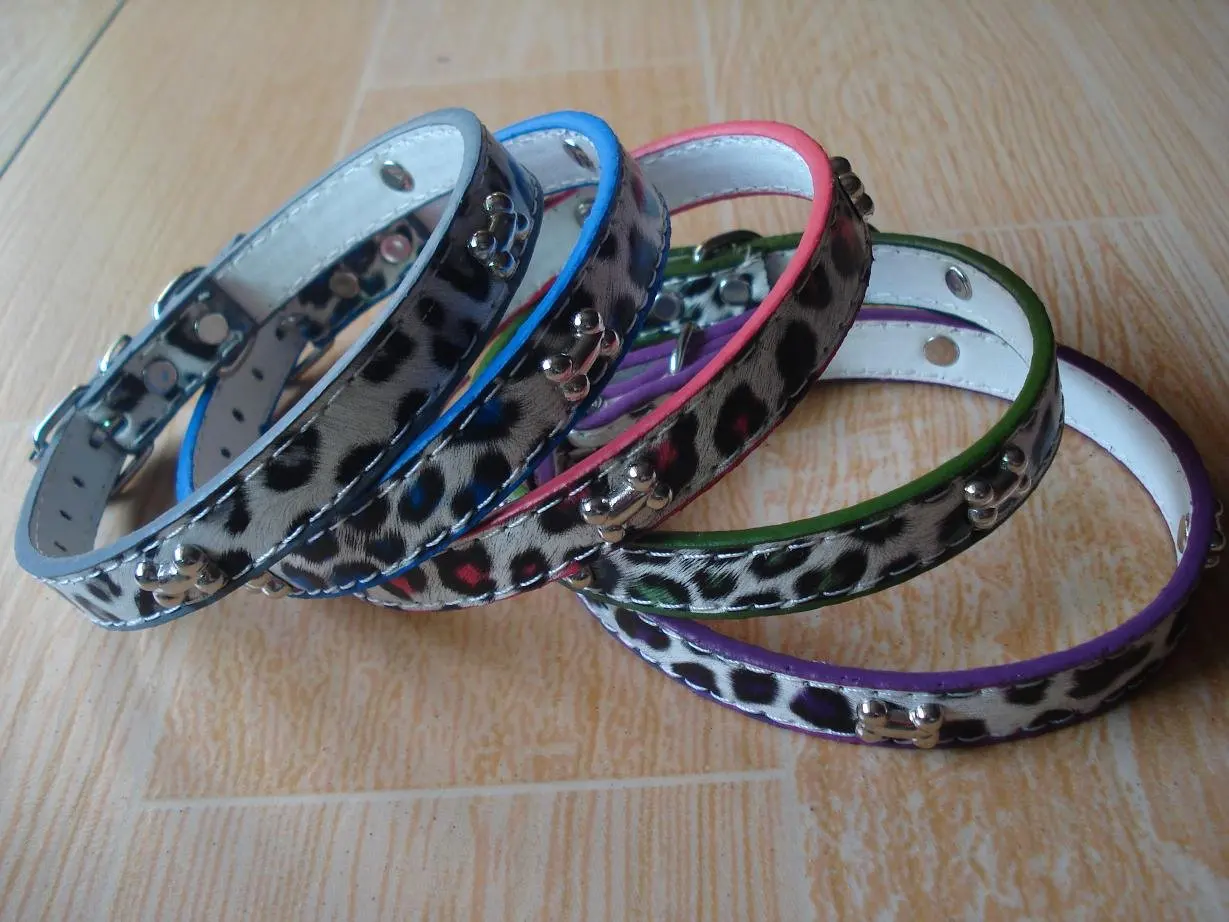 Leopard Print Dog Collar With Metal Bones Pets Collar