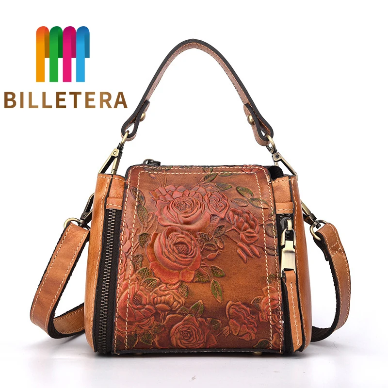 

BILLETERA New Women Flower National Genuine Leather Bags Bucket Bags Small SHoulder Messenger Cross Body Bags