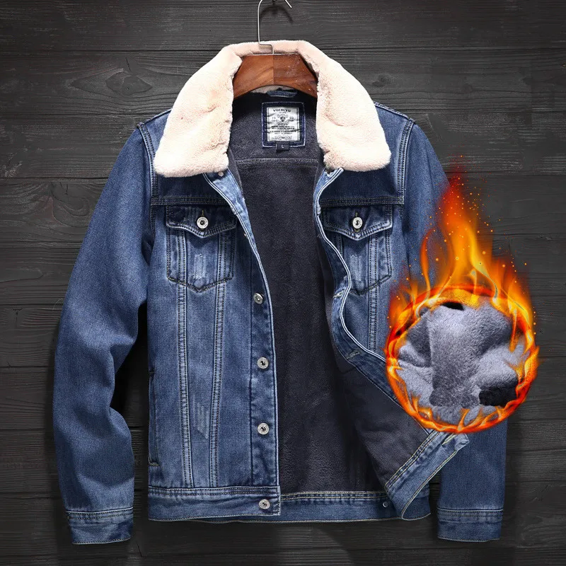 MORUANCLE Модные мужские зимние теплые джинсовые куртки и пальто с меховым воротником флисовая подкладка теплая джинсовая куртка Верхняя одежда Размер S-4XL - Цвет: White Collar