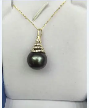 

gorgeoushuge 13-14mm tahitian round black green pearl necklace 14k chain