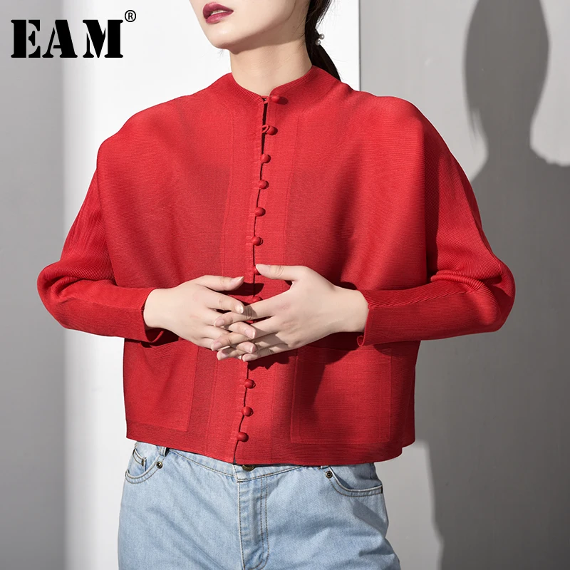 

[EAM] 2019 New Autumn Winter Stand Collar Long Sleeve Black Loose Pleated Stitch Temperament Shirt Women Blouse Fashion SA5660