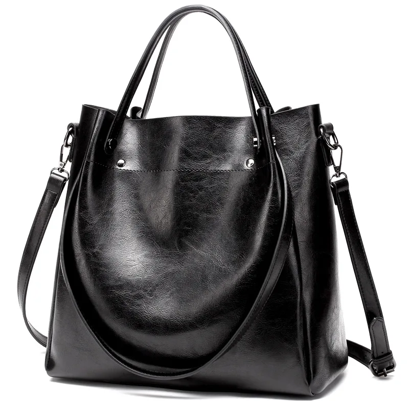 Женская кожаная сумка через плечо с масляным воском, женская сумка-мешок, повседневная женская сумка через плечо WBS569 - Цвет: Black