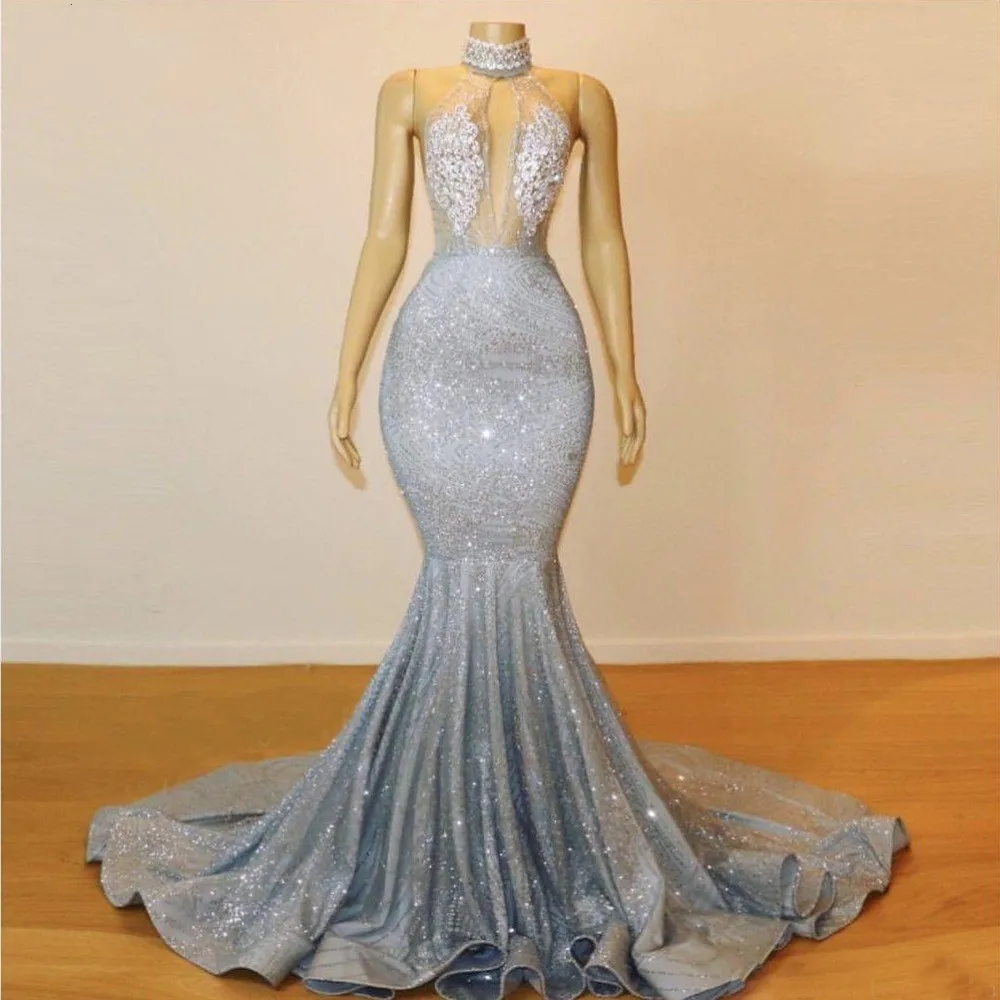 

Robe De Soiree Luxurious Mermaid High Neck African Silver Prom Dresses 2019 Full Sequined Illusion Top Evening Dress Party Gown