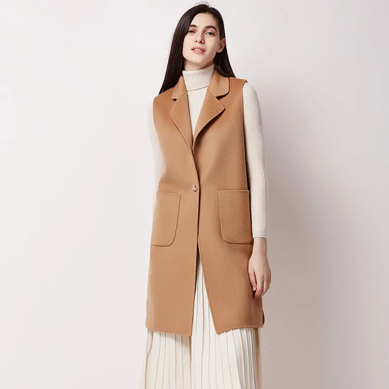 Spring Coat Women Wool Blend Vest Waistcoat Gilet Femme Solid Long