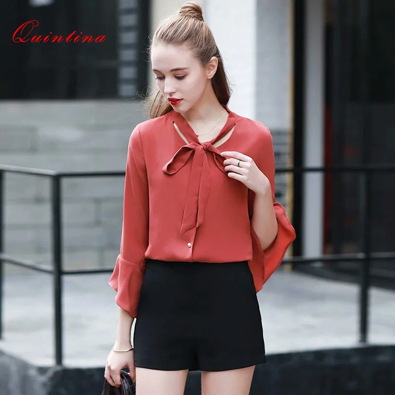 2017 quintina Новая мода шифон Женщины блузка Три Четверти Лук леди blusas femininas старинные
