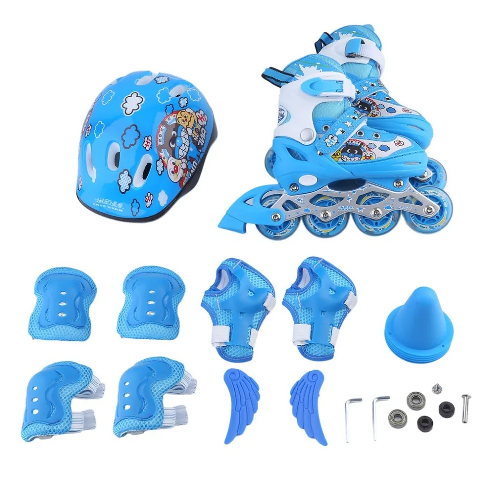 

Children Kids Inline Speed Skates Roller 4 Wheels Skating Shoes+ Protective Bracers Set + Helmet Fun Game Great Gift