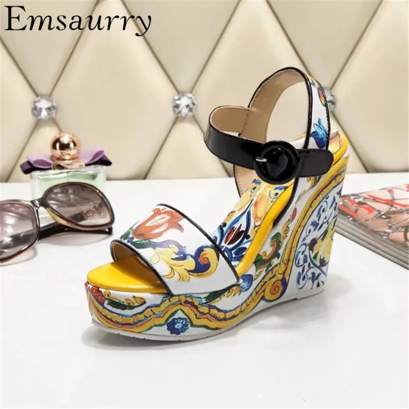 

Retro Style Yellow Printed Color Sandals Women High Wedges Ankle Strap Summer Sandalias De Mujer Open Toe Sandals
