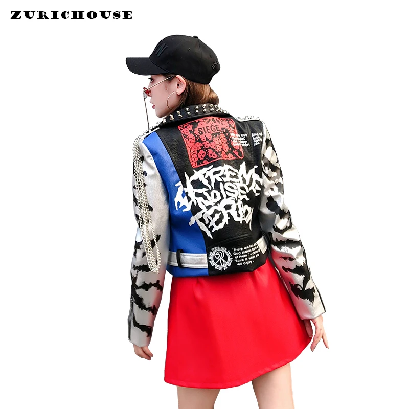 

ZURICHOUSE 2020 Punk Women Leather Jacket Rivet Graffiti Moto Jacket Coats New Fashion Streetwear Faux Leather Jackets Women's